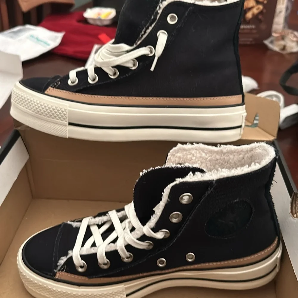 Converse Black High-Top Platform Sneakers with Tan Trim
